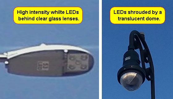 照片比较LED路灯与玻璃镜片和半透明圆顶