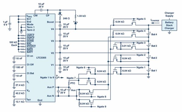 图7:四个电池平衡器与编程的高、低电池电压前沿。
