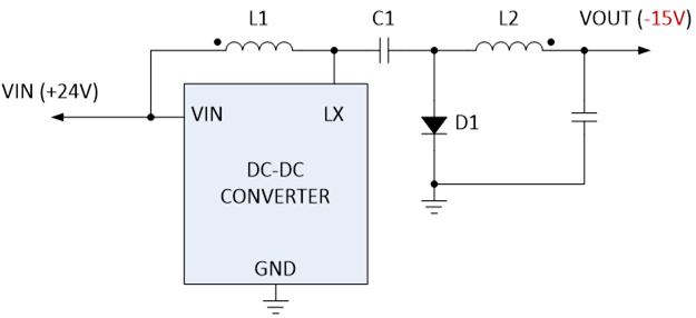 非同步双电感器反相输出DC-DC转换器的示意图