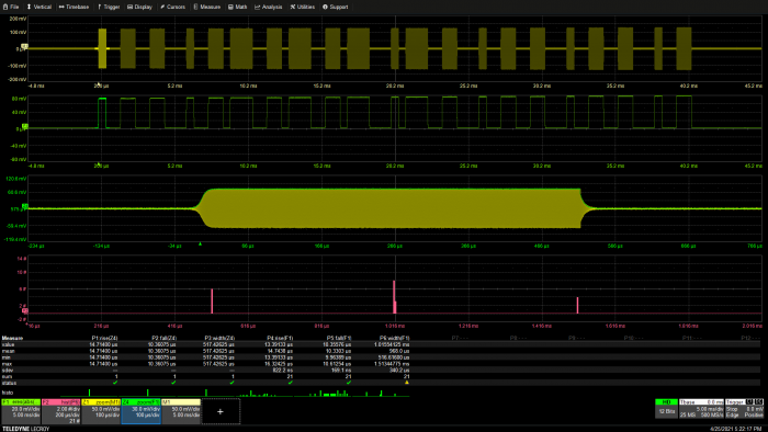 解调和测量信号包络的示波器截图